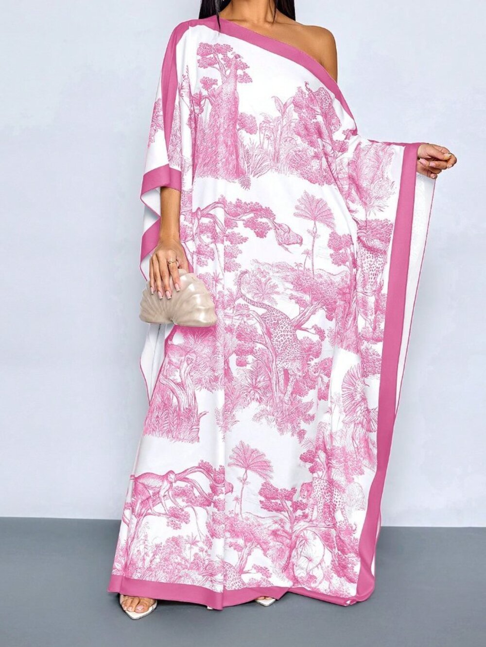 Pink Boho Women's Maxi Dress with Cape Shawl, Floral Print, Batwing Sleeves - Picture 4 of 6